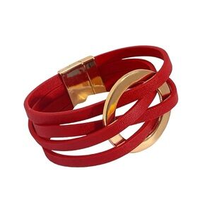 Vintage Red Leather Wrap Bracelet w/ Geometric Gold Circle Charm Multi-S…